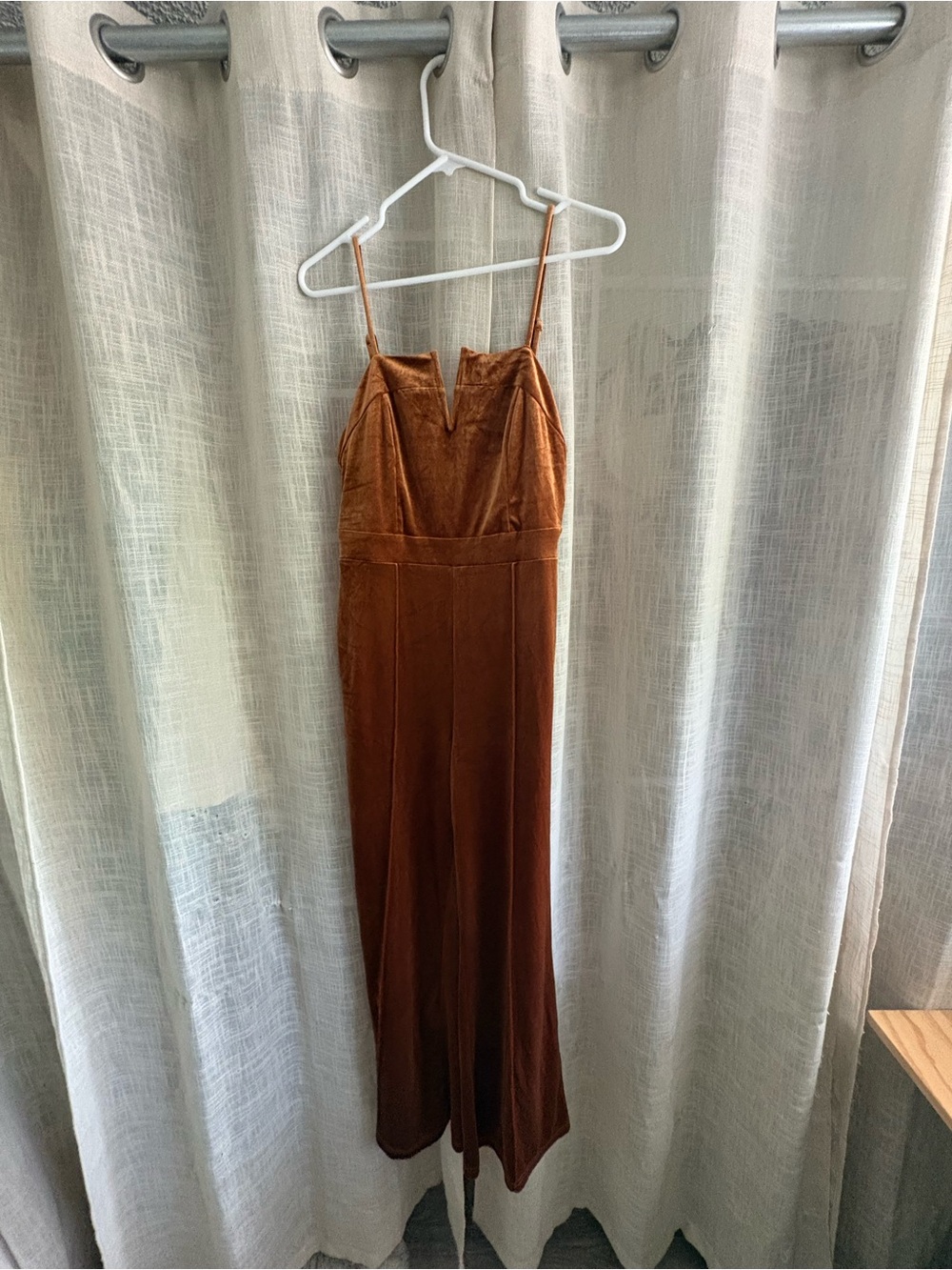 Rust Brown Velvet Jumpsuit with Spaghetti Straps